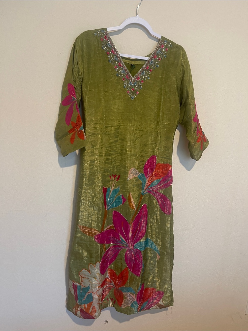 Olive Green Floral Embroidered V-Neck kurtha set